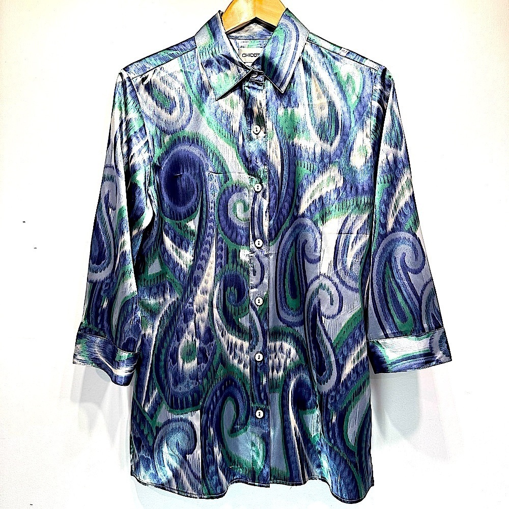 Chico’s Paisley Satin Button Front 3/4 Sleeve Tunic Blouse Size 1/Medium